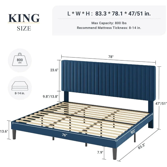 Large bed frame, velvet padded bed with adjustable vertical channel tufted headboard, mattress base, easy to assemble, bed