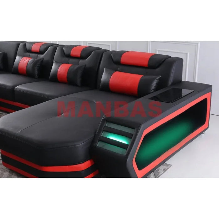 Linlamlim Italian Genuine Leather Sectional Sofa with LED Lights | Futuristic Furniture U Shape Couch Living Room Big Sofas Set