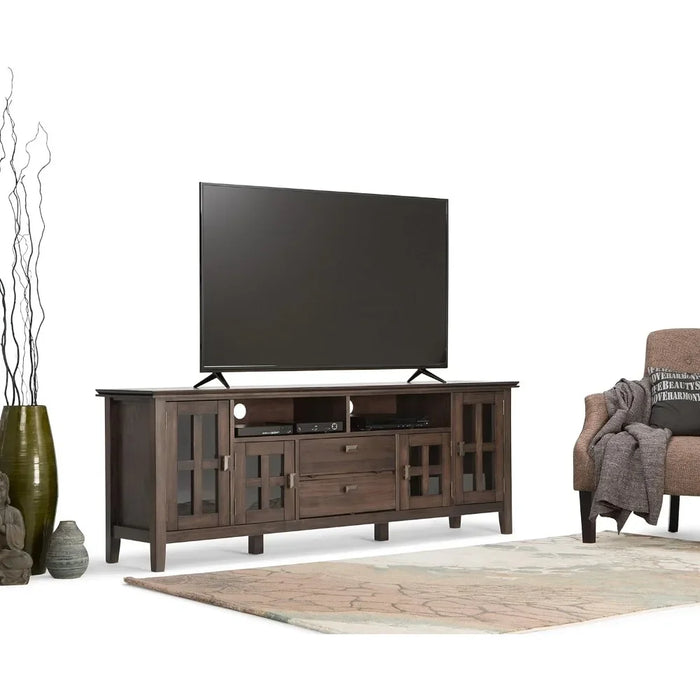 Table for Tv Tables Artisan SOLID WOOD 72 Inch Wide Transitional TV Media Stand in Natural Aged Brown for TVs Up to 80 Inch Ps5