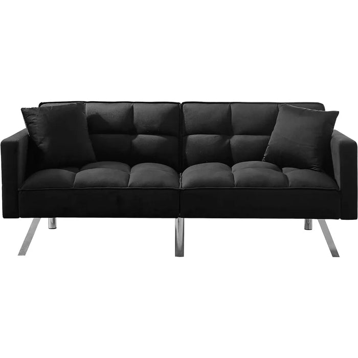 Modern Tuft Futon Couch Convertible Loveseat Sleeper Reclining Sofa Bed Twin Size with Arms and 2 Pillows for Living Room, Black