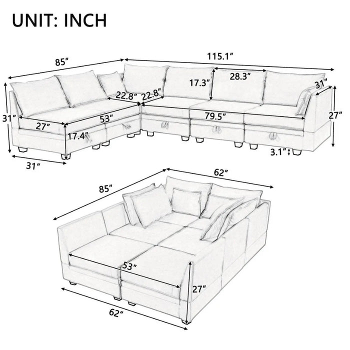 115" Large U/L Shaped Sectional Sofa with Storage Seat and Removable Cushions, Beige, 6 Seat Convertible Couch Sleeper Bed