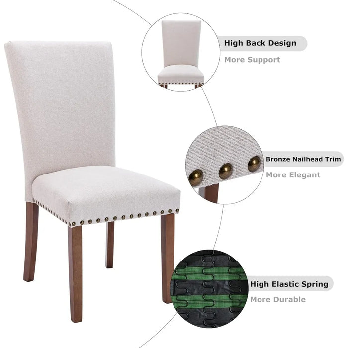 Upholstered Parsons Dining Chairs Set of 4, Fabric Dining Room Kitchen Side Chair with Nailhead Trim and Wood Legs - Beig