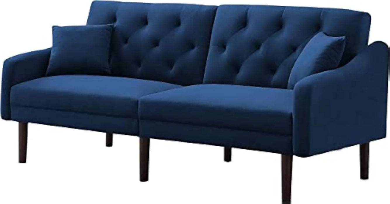 Convertible Sleeper Futon Sofa with 2 Pillows, Velvet Tufted Couch w/Metal Legs and Adjustable Backrest, Blue