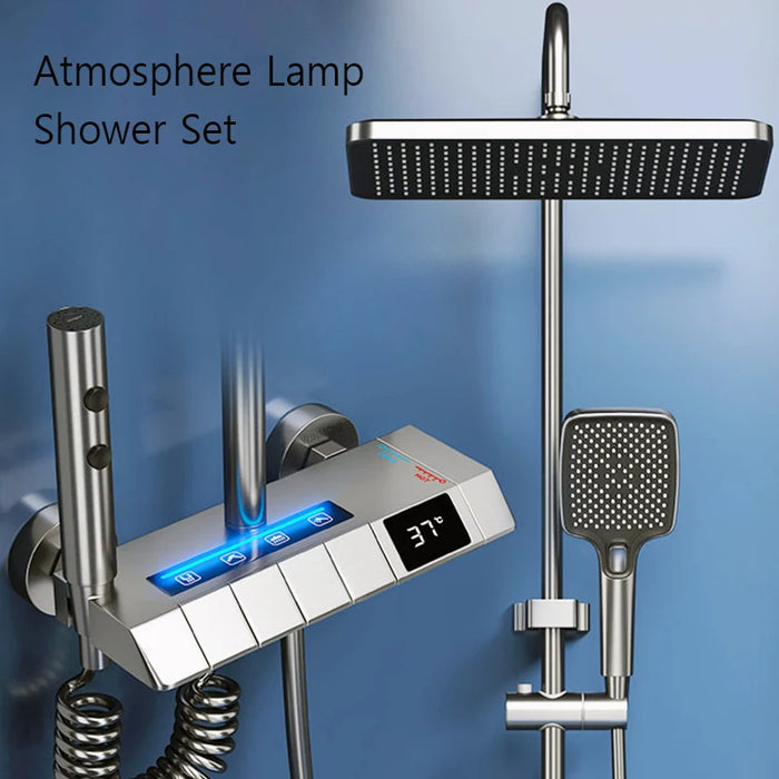 Atmosphere Lamp Shower System Full Set Bathroom Rainfall Shower Faucet Set LED Smart Thermostatic Bathtub Hot and Cold Mixer Tap