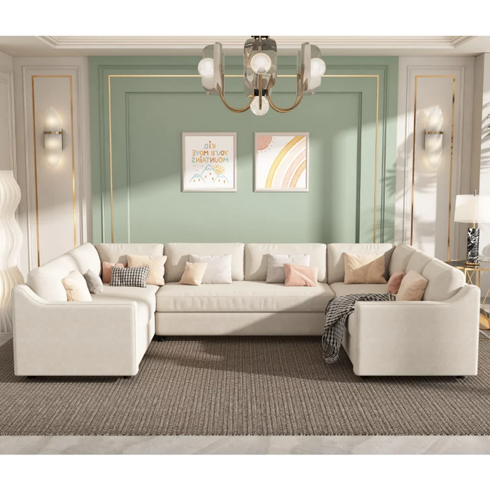 8 Seat Upholstered Sectional Sofa, U-Shaped Sofas with Thick Seat and Back Cushions, Beige Large Sectional Couch