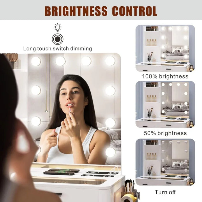 Vanity Makeup Set with Mirror Lights: White Dressing Table with 6 Drawers/Large Storage - Vanity Makeup Table