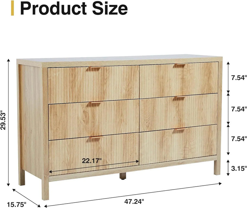 6 Drawer Double Dresser for Bedroom, Modern Closet Dressers Chest of Drawers with Fluted Panel, Wood Storage Dresser Organizer