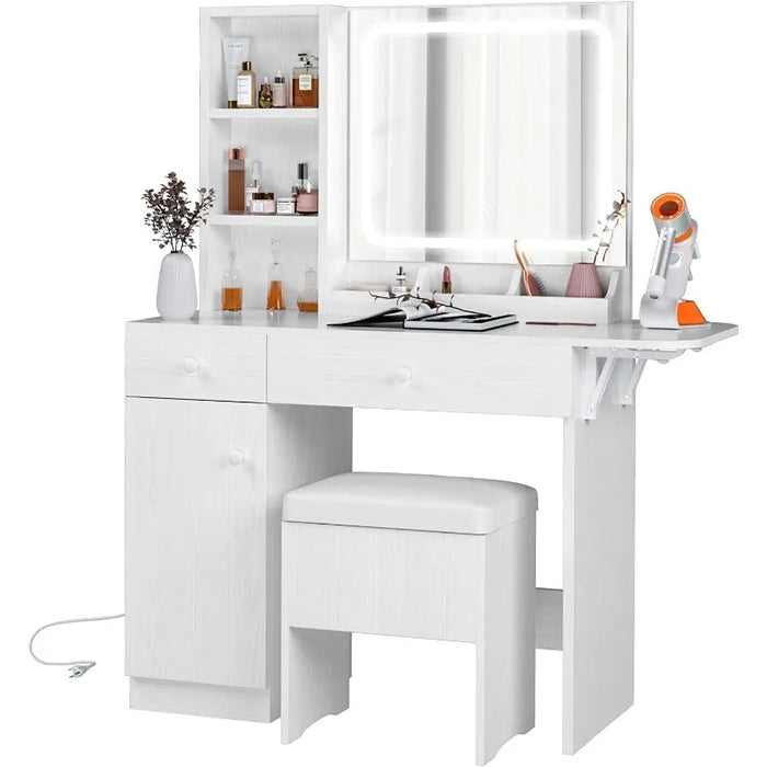 IRONCK Vanity Desk with LED Lighted Mirror & Power Outlet, Makeup Table with Drawers & Cabinet,Storage Stool,for Bedroom, White