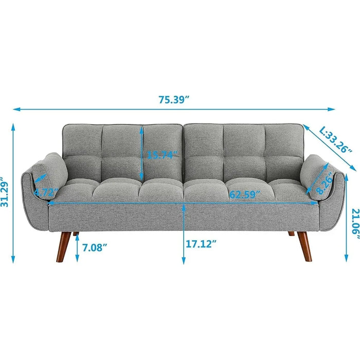 Sofa, modern convertible plush linen soft cushion futon sofa day bed with 2 pillows, living room sofa