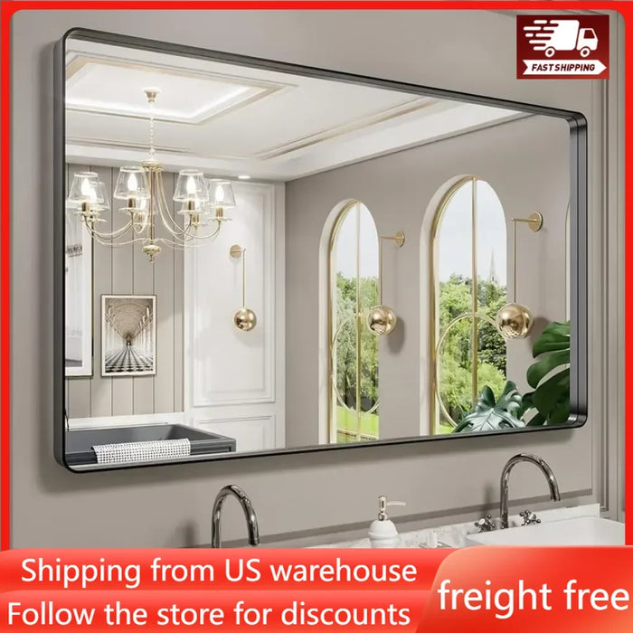 Metal Framed Bathroom Mirror for Wall, 60X36 Inch Rounded Rectangle Mirror, Tempered Glass, Hangs Horizontally or Vertically
