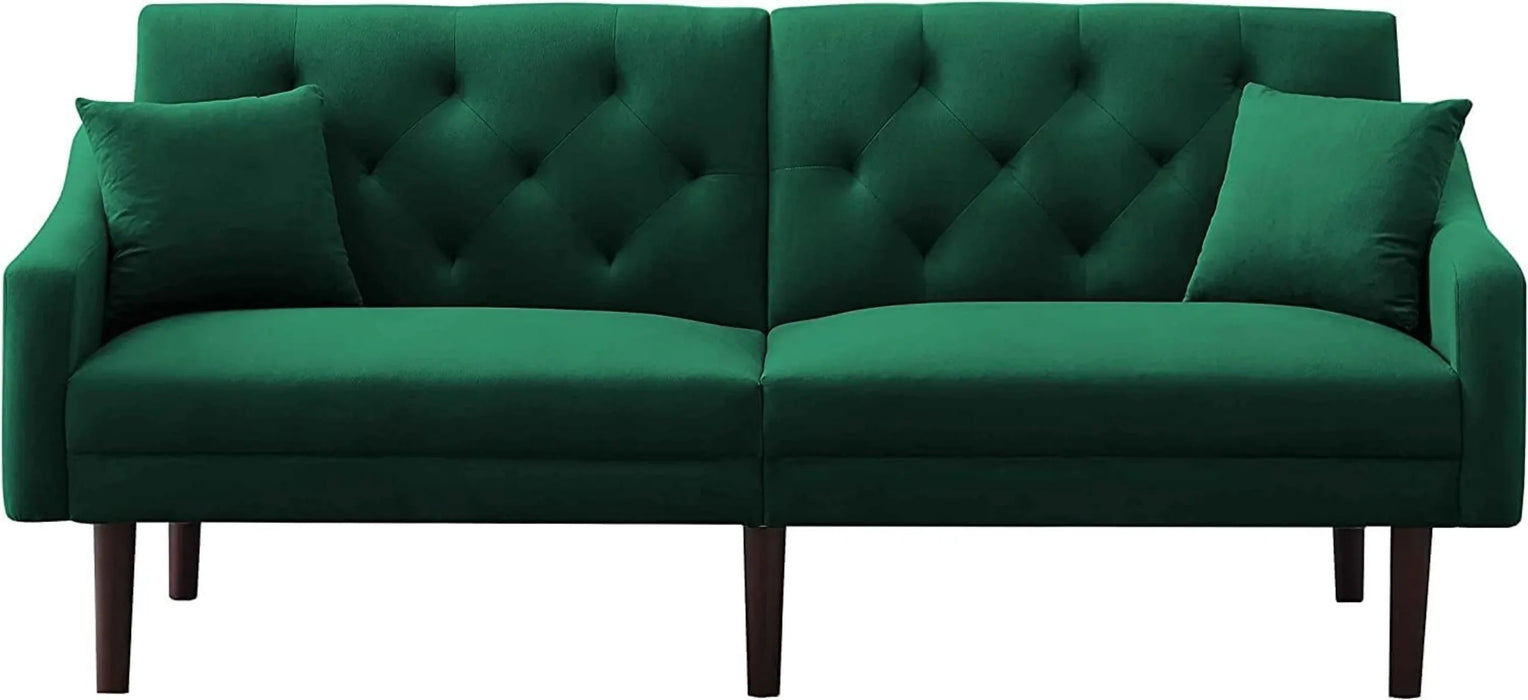 DNYN Convertible Sleeper Futon Sofa with 2 Pillows, Velvet Tufted Couch w/Metal Legs and Adjustable Backrest, Green