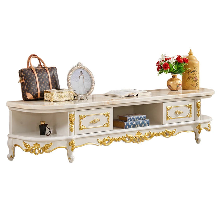 Solid Wood TV Cabinet  European Style Oval Marble Coffee Table  Floor Storage Locker Living Room Furniture