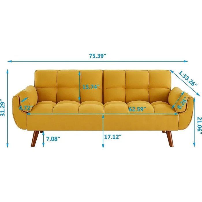 Modern Convertible Tufted Linen Upholstered Futon Sofa Daybed 2 Pillows Comfy Hall