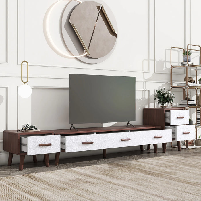 3-Piece Set: TV Stand & 2 End Tables with Drawers, Embossed Patterns, Brown+White - Elegant Living Room Ensemble