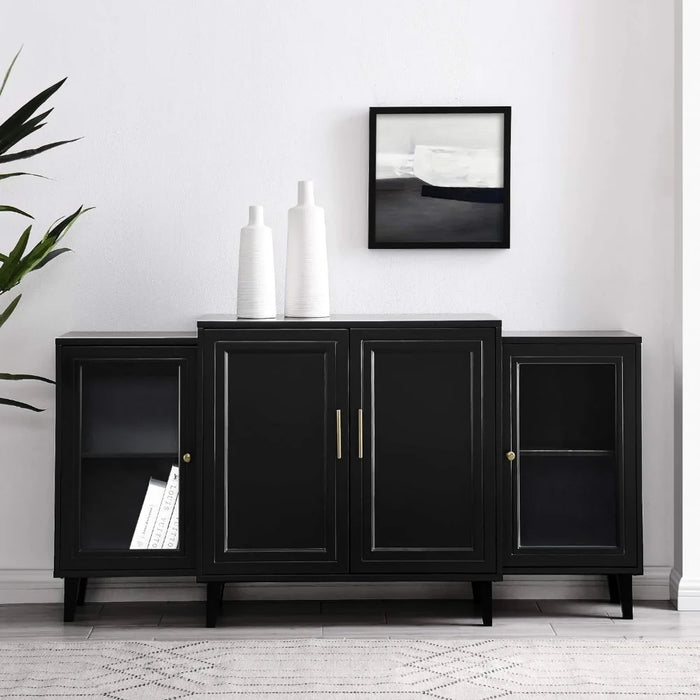 TV cabinet, 4-door layered modern side panel self-service storage table, 62, black, TV stand storage cabinet