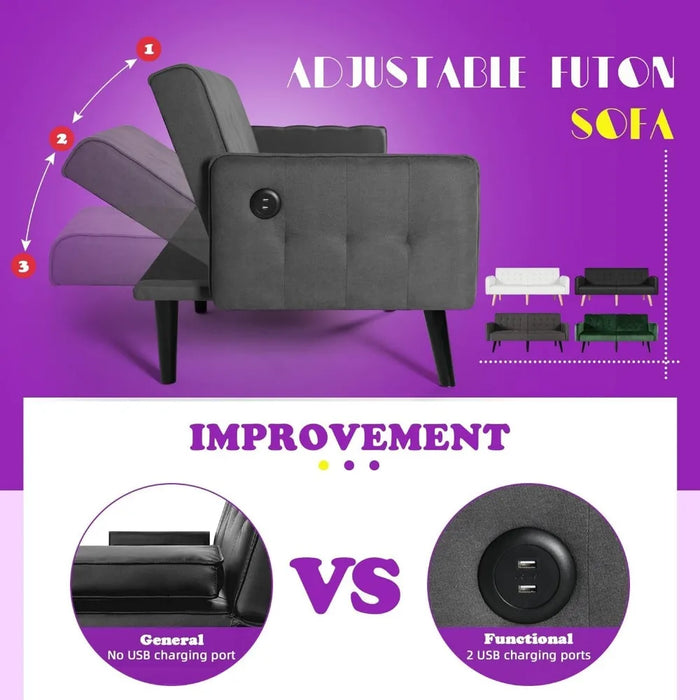 Sofa Bed with 2 USB, Tufted Foldable for Tight Small Spaces, Modern Fabric Linen Upholstered Foldable Futon Sofa Bed