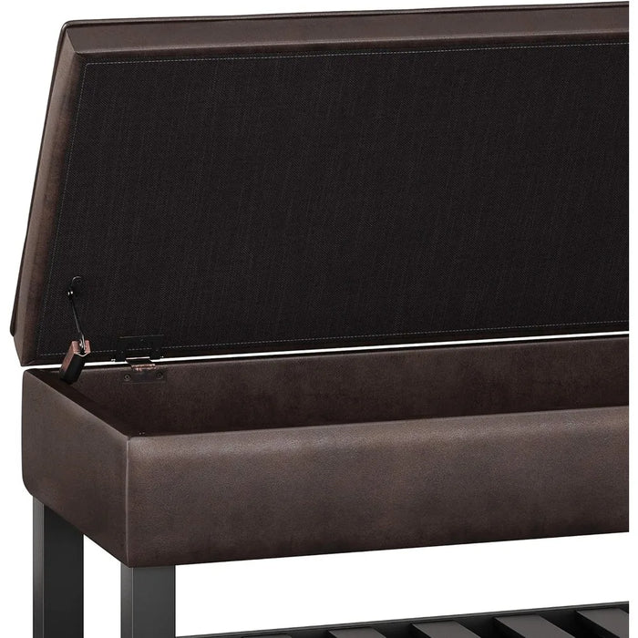 Entryway Footstool, Open Bottom in Distressed Brown Faux Leather, 44 Inch Wide Rectangle Storage Ottoman Bench