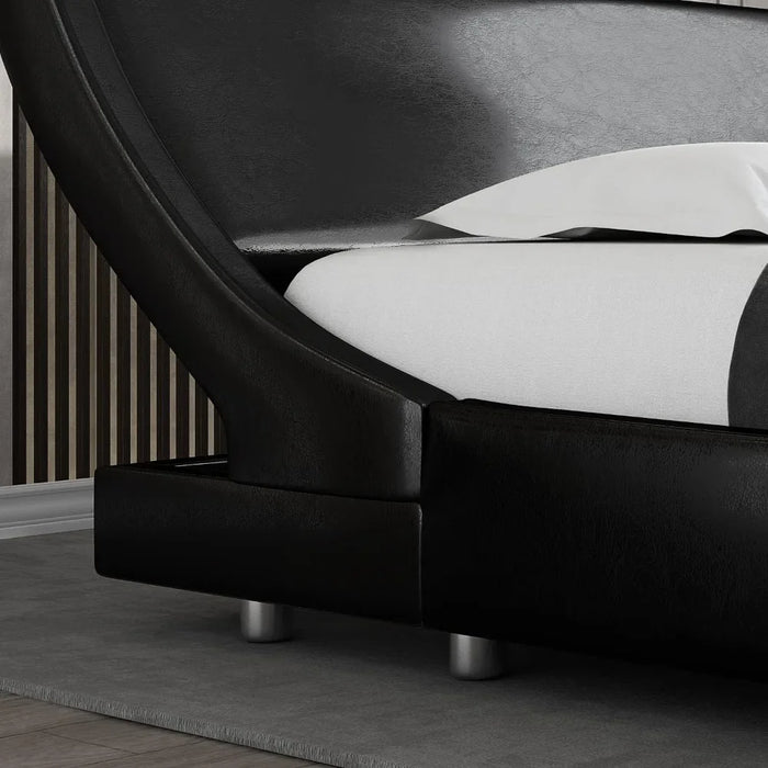 Upholstered Queen Platform Bed Frame Modern Low-profile Sled Bed with Faux Leather Headboard for Easy Assembly Without Springs