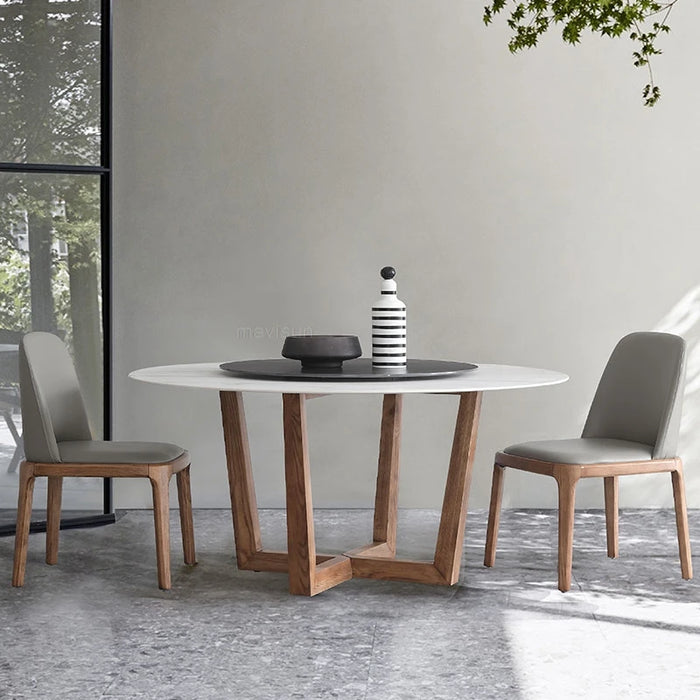 Northern Europe Solid Wood Legs Marble Top Table With Rotating Turntable Modern Simple Round Dining Table And Chair Combination