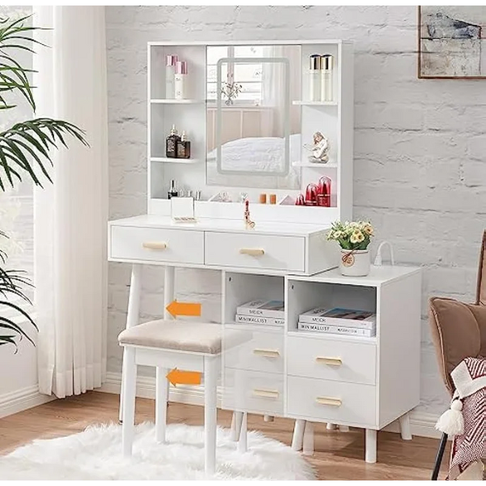 BEWISHOME Vanity Desk, White Vanity with Charging Station & Nightstand, Makeup Desk Makeup Vanity with Lights with 3