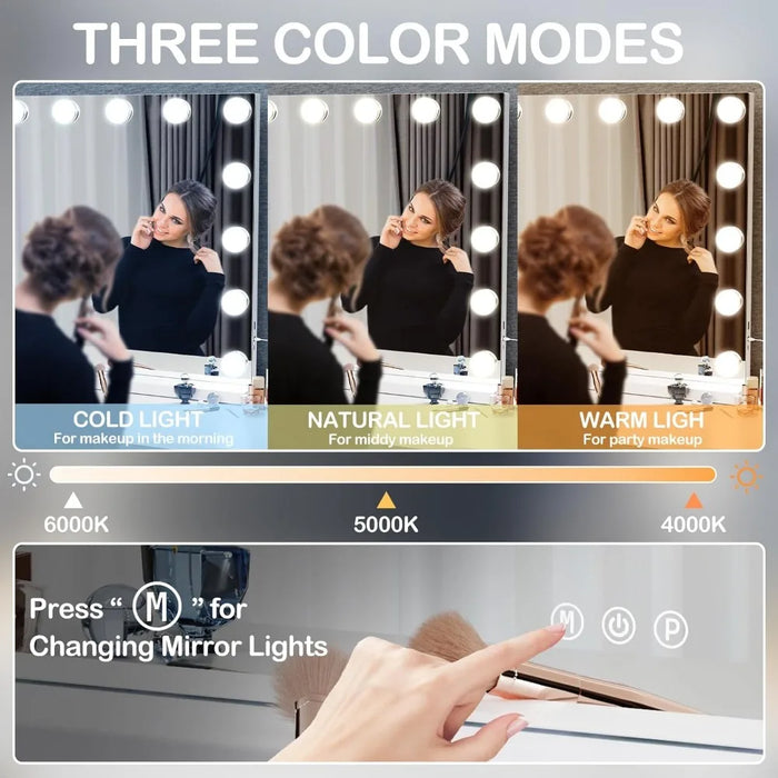 24 Extra Light Bulb Vanity Mirror With Light 32WX24L Desktop Holly Cosmetic Mirror USB + Type-C Charging 3 Color Modes Bathroom