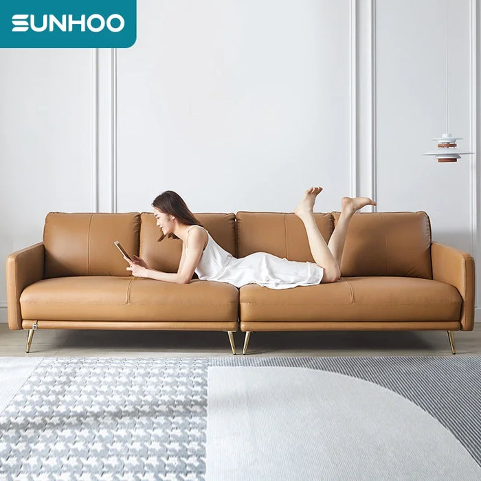 Leather sofa, living room, luxury, modern, high-grade brown sofa, office, straight-line sofa, Italian minimalist sofa