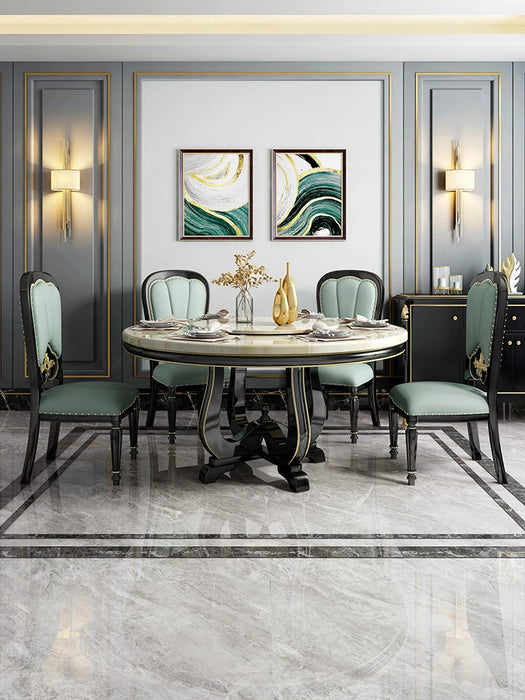 American solid wood dining table and chair combination European marble 1.3m light luxury dining table chair round with turntable