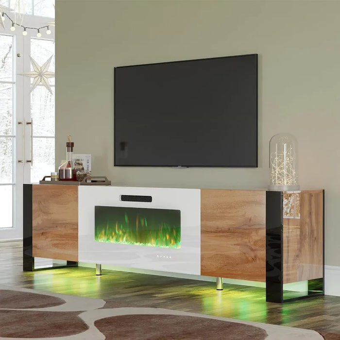 70" Fireplace TV Stand, High Gloss Entertainment Center with LED Lights, Modern Entertainment Stand for TVs up to 80", Black