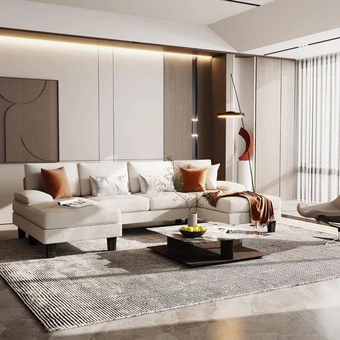 Convertible Sectional Sofa Couch, Modern Chenille Fabric U-Shaped, 4-Seat with Long Chaise for Living Room, White