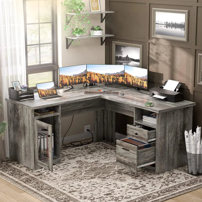 L Shaped Desk with Drawers, 60 Inch Corner Computer Desks with USB Charging Port and Power Outlet