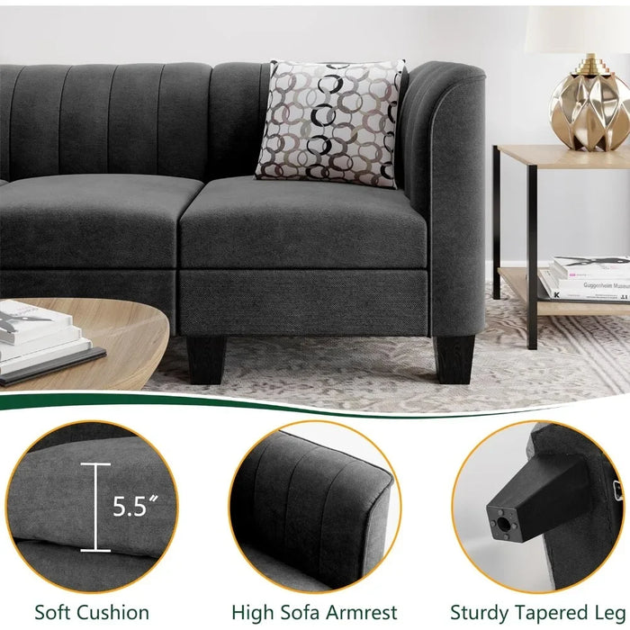 3 Seat L Shaped Sofa With High Armrest Linen Fabric Small Couch Mid Century for Living Room Apartment and Office Sofas Furniture