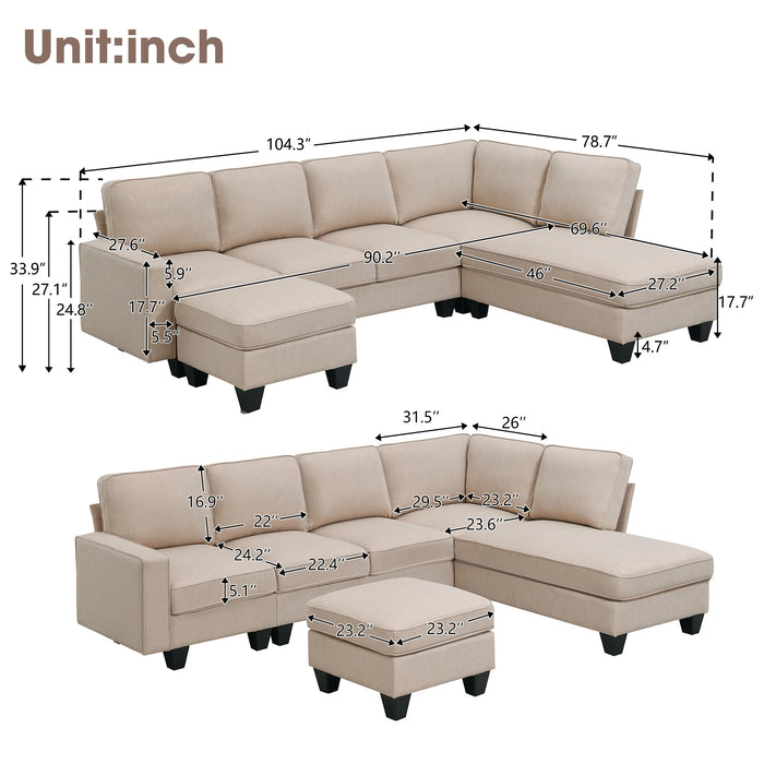 Modern L-shaped Sectional Sofa,7-seat Linen Fabric Couch Set with Chaise Lounge and Convertible Ottoman,Sofa Sets