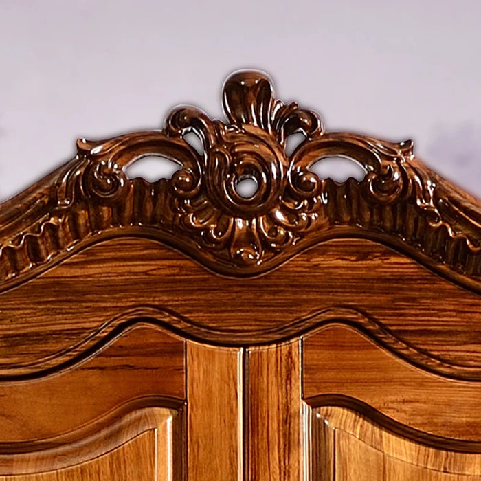 Carved Villa Luxury Large Wardrobe, Dark Gold Wood Solid Wood Four Doors