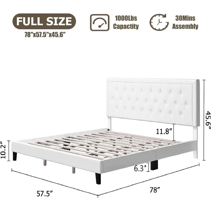 Bedroom furniture: full-size bed frame with adjustable headboard, button-tufted faux leather, upholstered, white