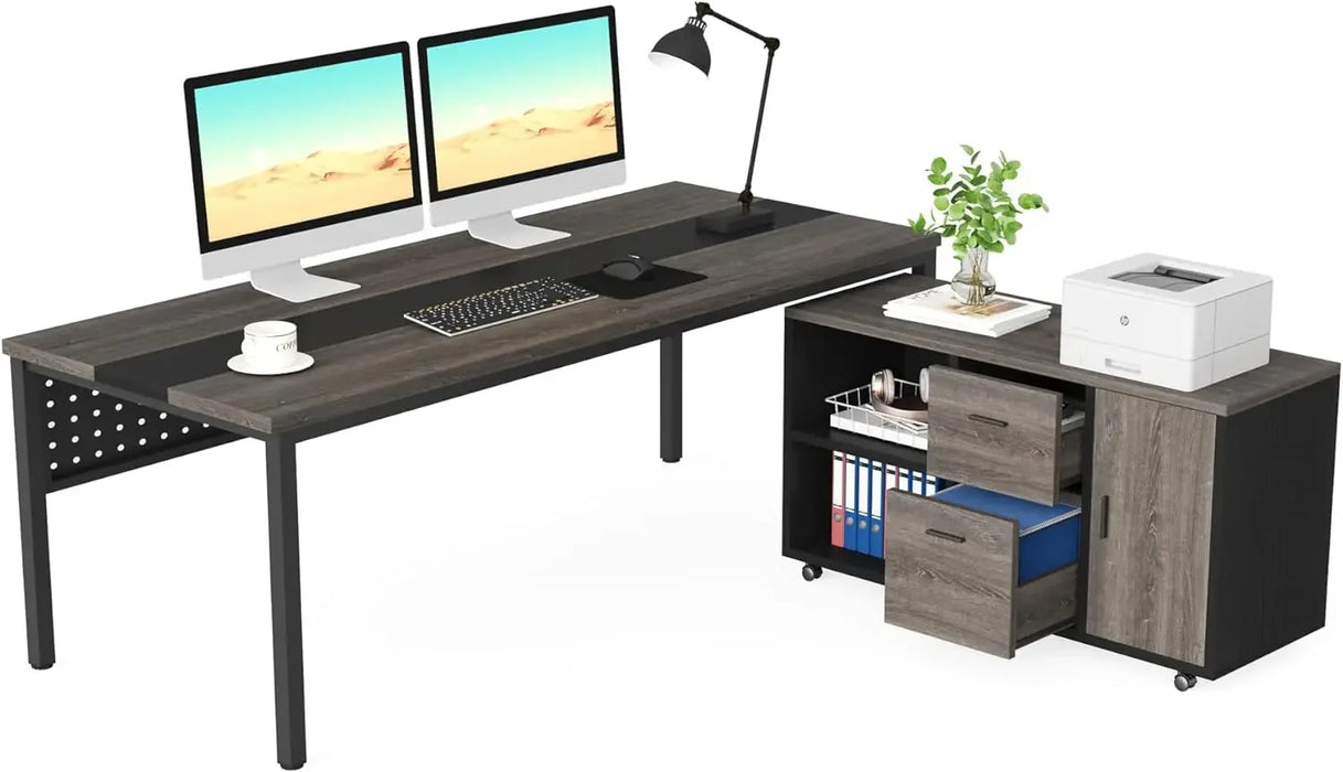 Large Executive Office Desk and 47" Lateral File Cabinet Combo,L-Shaped Desk 2 Piece Business Furniture with Drawers and Shelves