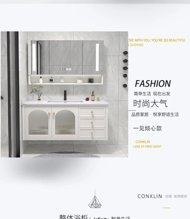 70-150cm Slate Bathroom Furniture Vanity Cabinet With Sink Cute Bear Mirror Integrated Solid Wood Style Cabinet Companion Wash