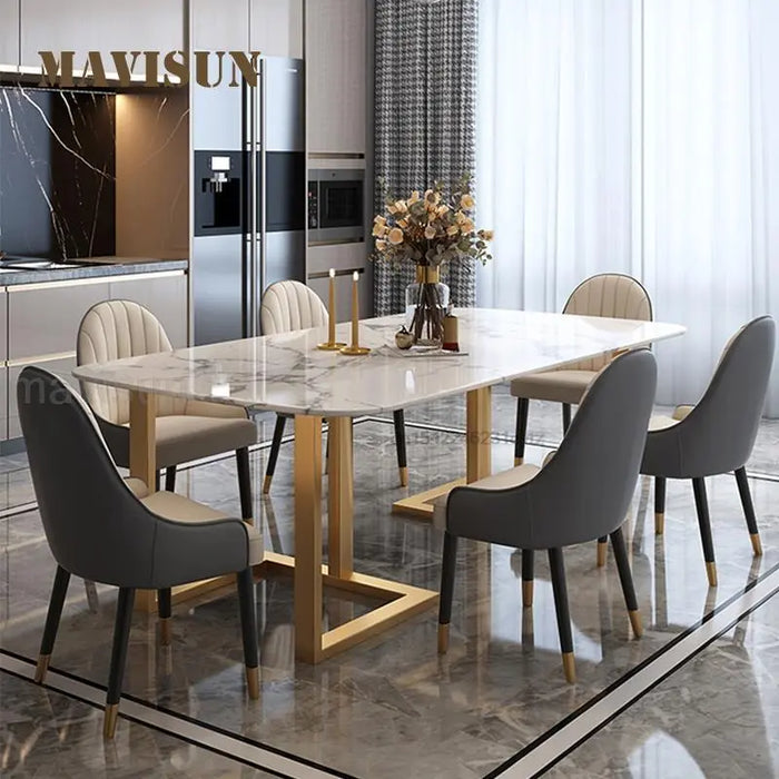 Northern Europe Natural Marble Dining Table set 6 Modern Chairs Small Apartment Creative Stainless Steel Light Luxury Furniture