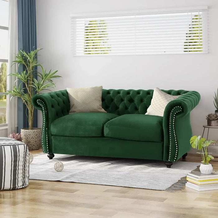 Christopher Knight Home Karen Traditional Chesterfield Loveseat Sofa, Emerald and Dark Brown, 61.75 x 33.75 x 27.75