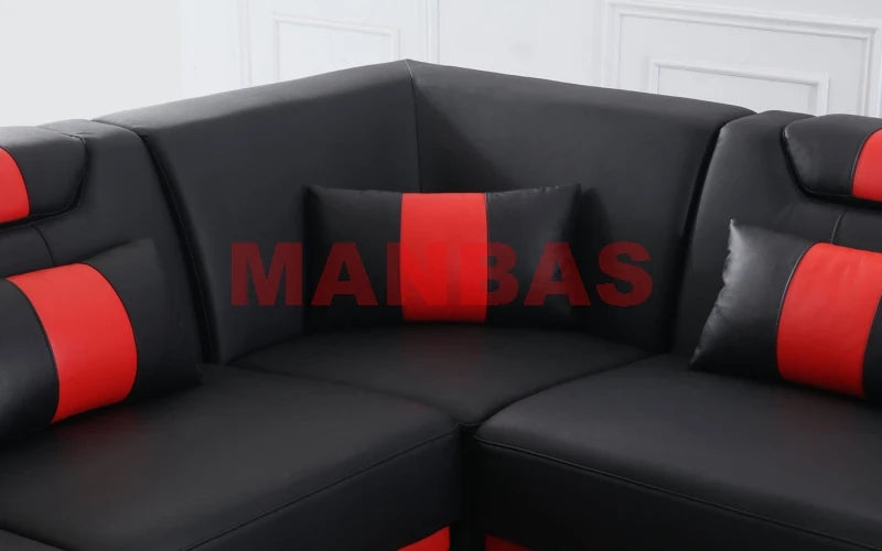 MANBAS Italian Genuine Leather Sectional Sofa with LED Lights | Futuristic Furniture U Shape Couch Living Room Big Sofas Set
