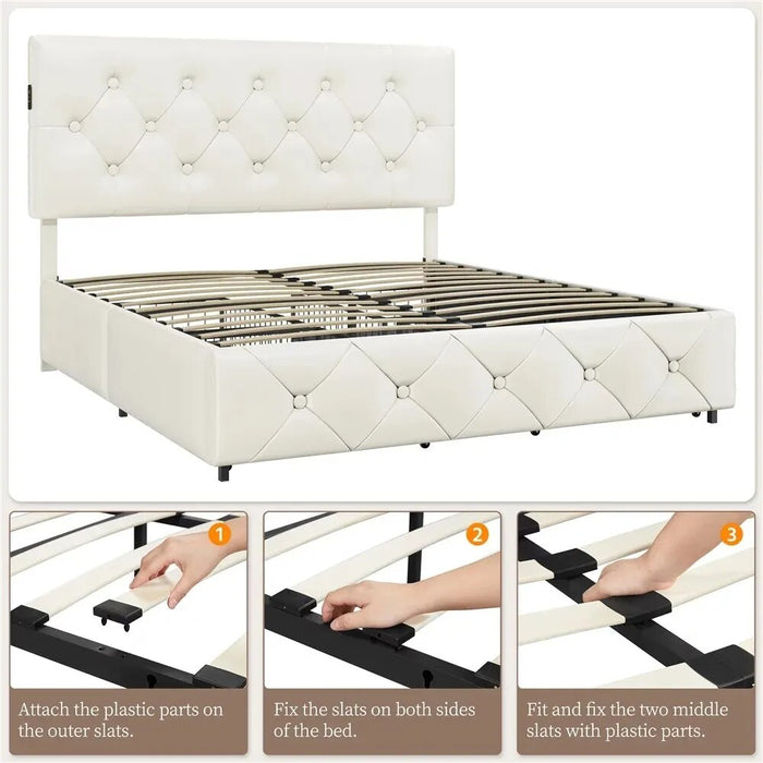 Faux Leather Upholstered Bed With 4 Storage Drawers and USB Ports Beige Cabin Bed Base & Frame Queen Bedroom Beds & Furniture