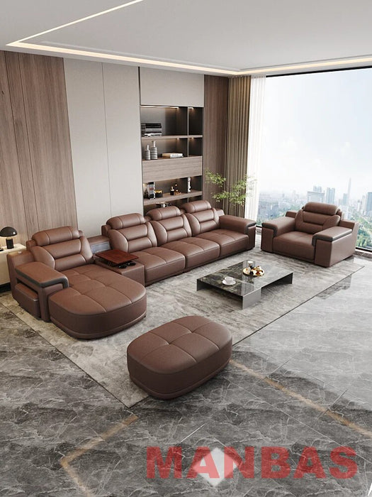 Italian Genuine Leather Sectional Sofa Set with Electric Recliner, Bluetooth Speaker and Projector By MINGDIBAO Livingroom Couch