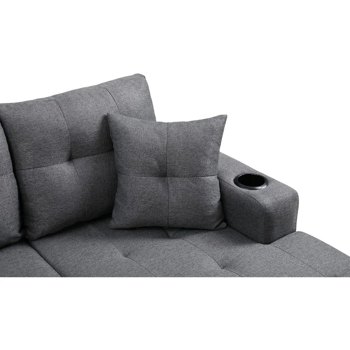 Living room sofa reversible chaise longue and cup holder, modern L-shaped sofa corner sofa set, grey