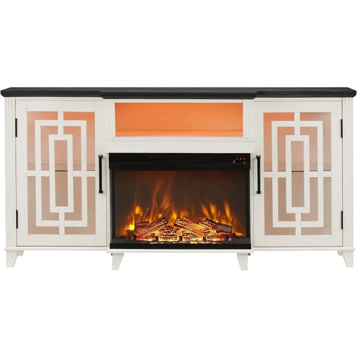 3-Sided Glass Fireplace TV Stand for 75 Inch TV w/LED Light, Farmhouse Highboy Entertainment Center w/26in Electric Fireplace