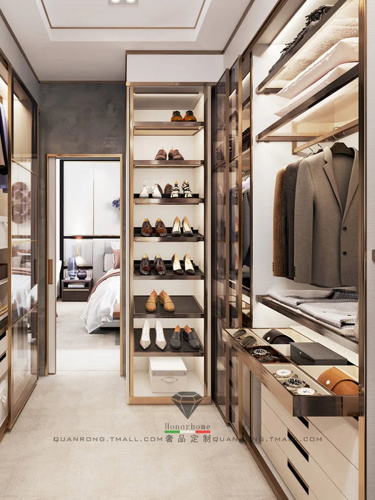 U-shaped cloakroom cabinet combination light luxury women's villa whole house wardrobe stainless steel metal cloakroom