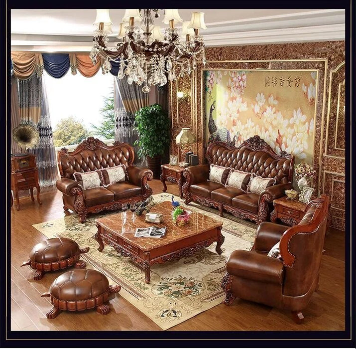 ProCARE European-style genuine leather sofa set sofa wood carving living room furniture