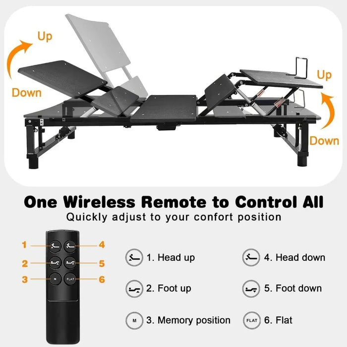 Bed FrameErgonomic Adjustable Bed Frame, Independent Head And Foot Tilt, Electric Bed Frame With Wireless Remote Control, Black