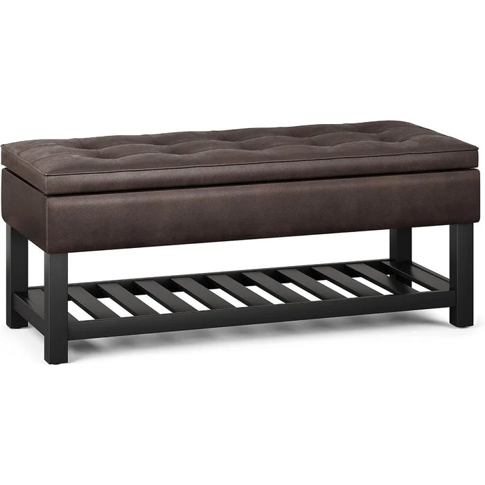 Entryway Footstool, Open Bottom in Distressed Brown Faux Leather, 44 Inch Wide Rectangle Storage Ottoman Bench