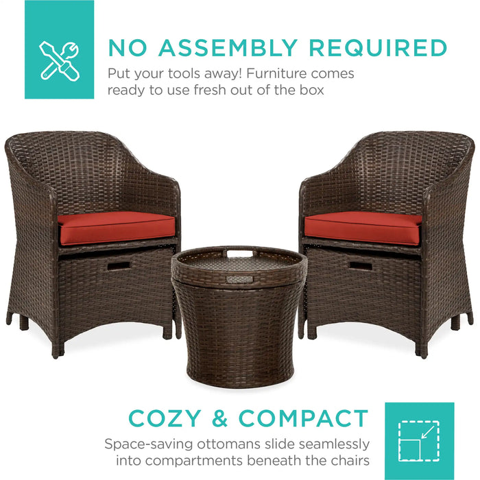 5-Piece Red Outdoor Wicker Patio Bistro  Furniture Set w/ Storage Table, No Assembly