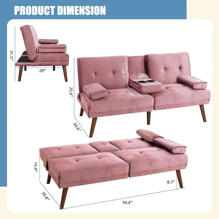 3 in 1 Cute Convertible Sofa Bed 60" Small Loveseat Modern Futon Recliner Sleeper W/2 Cup Holder Pink Freight Free Couch Sofas