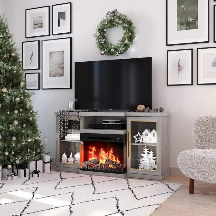 68" TV Stand with 23" Electric Fireplace, Entertainment Center for TVs Up to 75", Glass Door Storage Cabinet